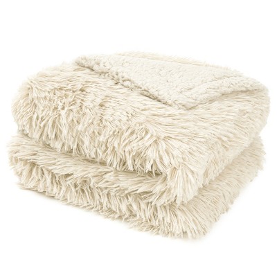 Cream Twin Faux Fur Sherpa Reversible Throw Blanket