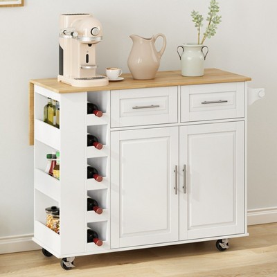 Grungis Kitchen Island Cart with Drop Leaf Countertop,Kitchen Island on Wheels with Tower Rack & 3 Drawesr,Island Table for Kitchen
