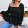 MISSKY Women's Casual Square Neck Shirred Lantern Long Sleeve Frill Trim Flared Hem Blouse Shirt Top - 2 of 4