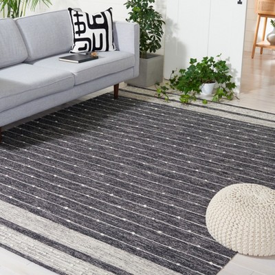 Black and Ivory Striped Wool Cotton 8' x 10' Area Rug