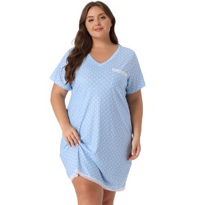 Agnes Orinda Women's Plus Size Pajamas Knit Lace Trim Polka Dots Short Sleeve Nightgowns - 1 of 4