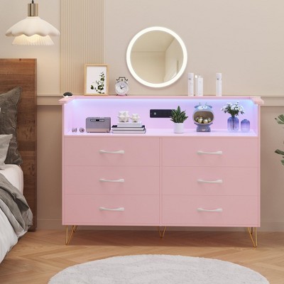 Dresser for Bedroom with LED Lights – 6 Drawer Dressers with Charging Station