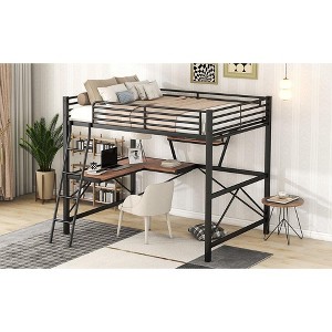 MAYEERTY Bed Full Size Loft Metal MDF with Desk and Shelf Black - 1 of 4