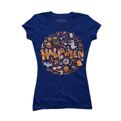 Junior's Design By Humans happy halloween greeting holiday illustration By ghinan T-Shirt - Royal Blue - Small