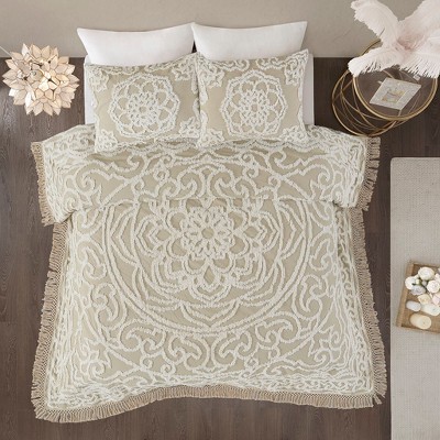 Full Beige Cotton Reversible Tufted Chenille Coverlet Set