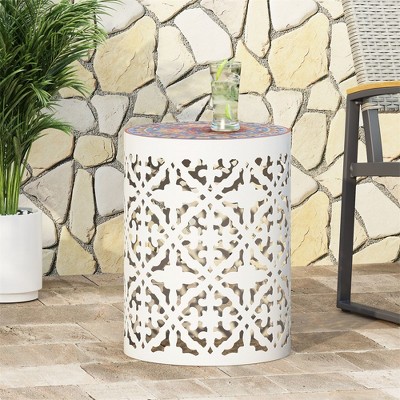 15.75 Inch Patio End Table Accent Table, Lace Cut Coffee Side Table For Outdoor, Lightweight Mesh Metal Frame Round Hollow Nightstand