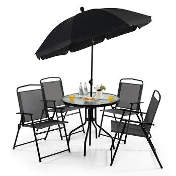 Costway 6 PCS Patio Dining Set Folding Chairs Glass Table Tilt Umbrella Garden