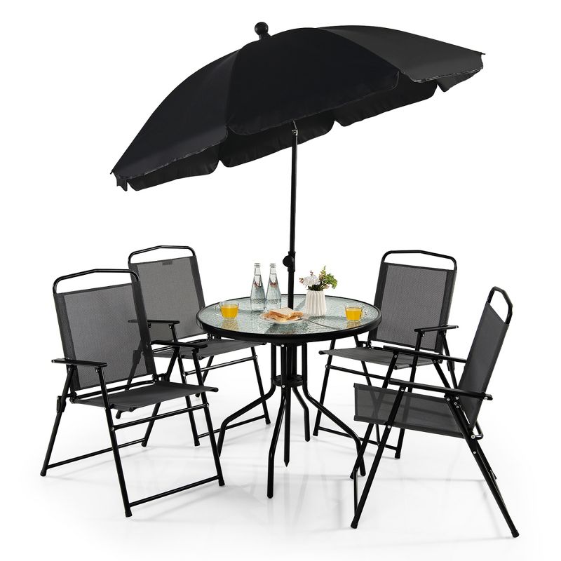 Costway 6 PCS Patio Dining Set Folding Chairs Glass Table Tilt Umbrella Garden, 1 of 11