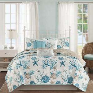6Pcs coverlet Set Coastal Shell Print Quilt with Embroidered Pillows, Summer Cotton Sateen - 1 of 4