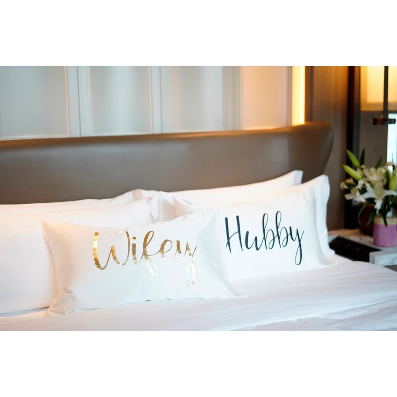 Set of 2 Standard Pillowcases " Hubby/Wifey"  - White - Shiraleah, 2 of 4