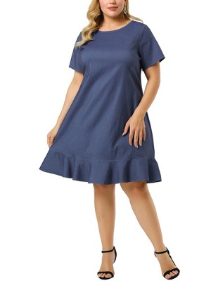 Agnes Orinda Women's Plus Size Cross Back Ruffle Hem Formal Chambray T-Shirt Dresses