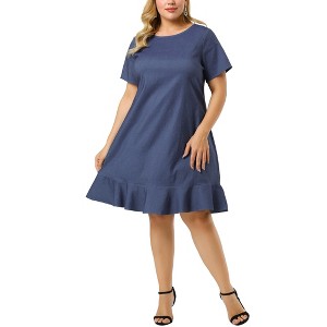 Agnes Orinda Women's Plus Size Cross Back Ruffle Hem Formal Chambray T-Shirt Dresses - 1 of 4
