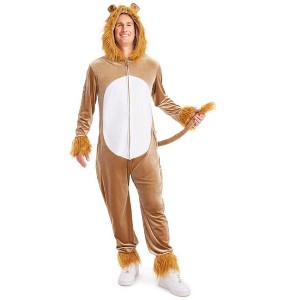 Tipsy Elves Men's Animal Halloween Costume - Comfy Adult Lion Jumpsuit with Hooded Mane, Ears, Faux Fur Cuffs and Tail - 1 of 4