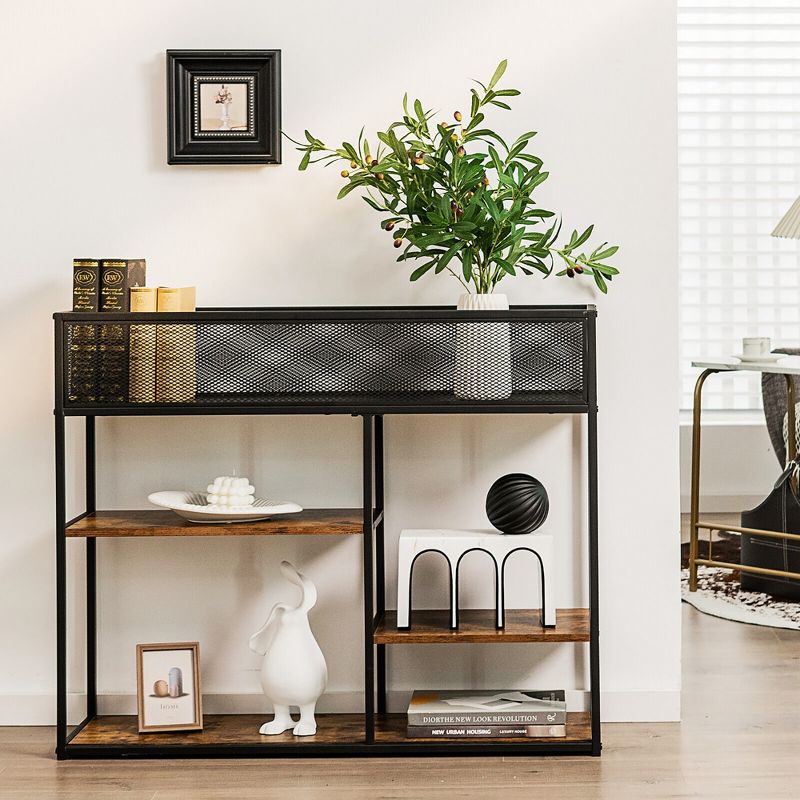 Tangkula 4-Tier Console Table w/ Wire Basket Narrow Sofa Table w/ shelf Industrial Bookcase, 3 of 11