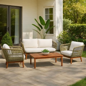 4 Piece Solid Acacia Outdoor Patio Sofa Set in Natural Brown - Teamson Home: Weather-Resistant Cushions & Handwoven Rope Accents - 1 of 4