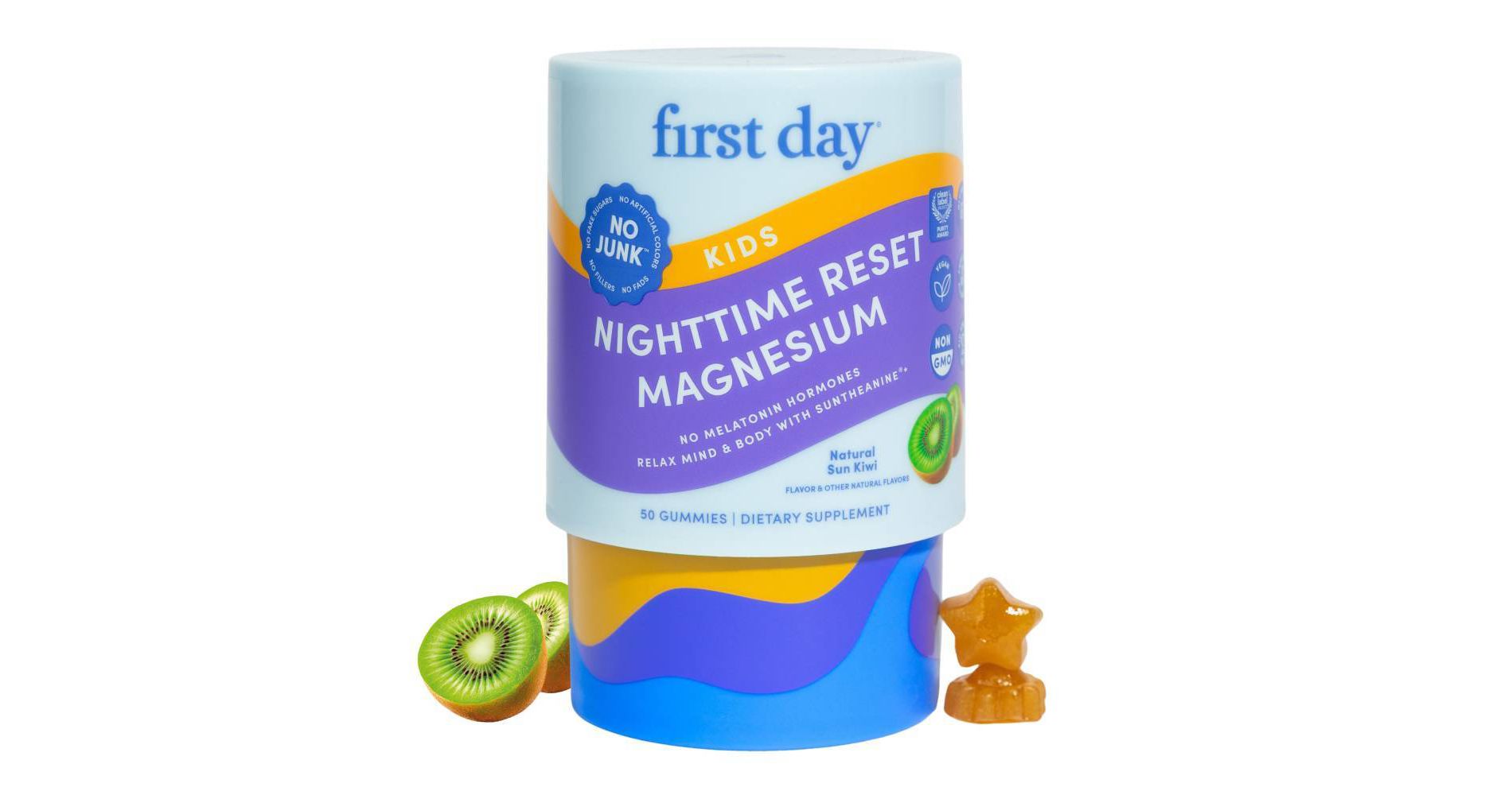 First Day Kids' Nighttime Reset Magnesium Gummies for Relaxed Mind and Body - Natural Sun Kiwi - 50ct