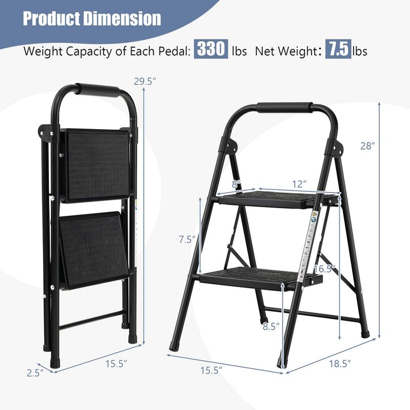 Costway 2 Step Ladder Folding Step Stool 330lbs Capacity with Anti-Slip Pedal & Handle, 3 of 11