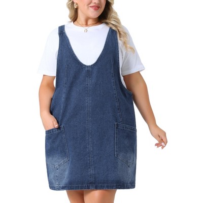 Agnes Orinda Women's Plus Size Denim Sleeveless V-neck Mini Casual Jean Overall Dress with Pocket
