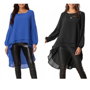 INSPIRE CHIC Women's Lantern Long Sleeve Round Neck High Low Irregular Hem Casual Blouse 2 Packs - 1 of 4