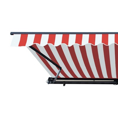 Red and White Striped Motorized Patio Awning with LED Lights
