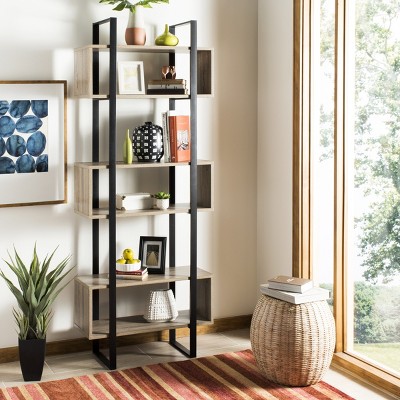 Adhara Transitional Oak and Black Iron Etagere, 32" W