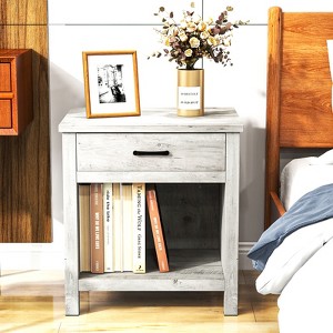 End Table, Modern Wood Beside Table with Drawer, Small Square Nightstand, Rustic Side Table with Storage Shelf for Bedroom, Living Room, Gray - 1 of 4