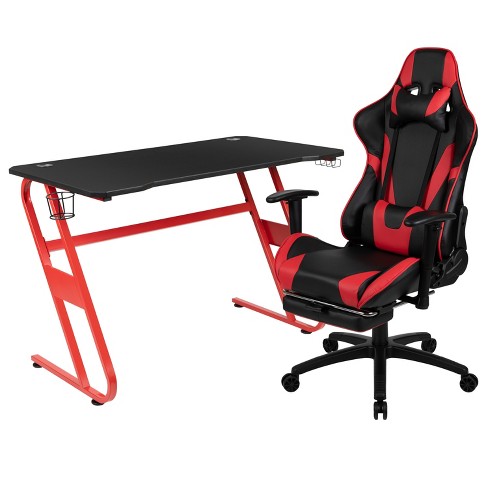 Flash Furniture Red Gaming Desk and Red Black Footrest Reclining Gaming Chair Set with Cup Holder and Headphone Hook