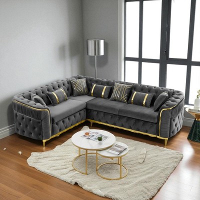 110.5" Luxury Italian Velvet L-Shaped Chesterfield Sofa with Gold Stainless Steel Accents, Tufted Sectional Couch with 7 Pillows for Living Room