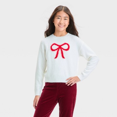 Girls Novelty Pullover Sweater With Large Bow Art Class Off white Xs Target