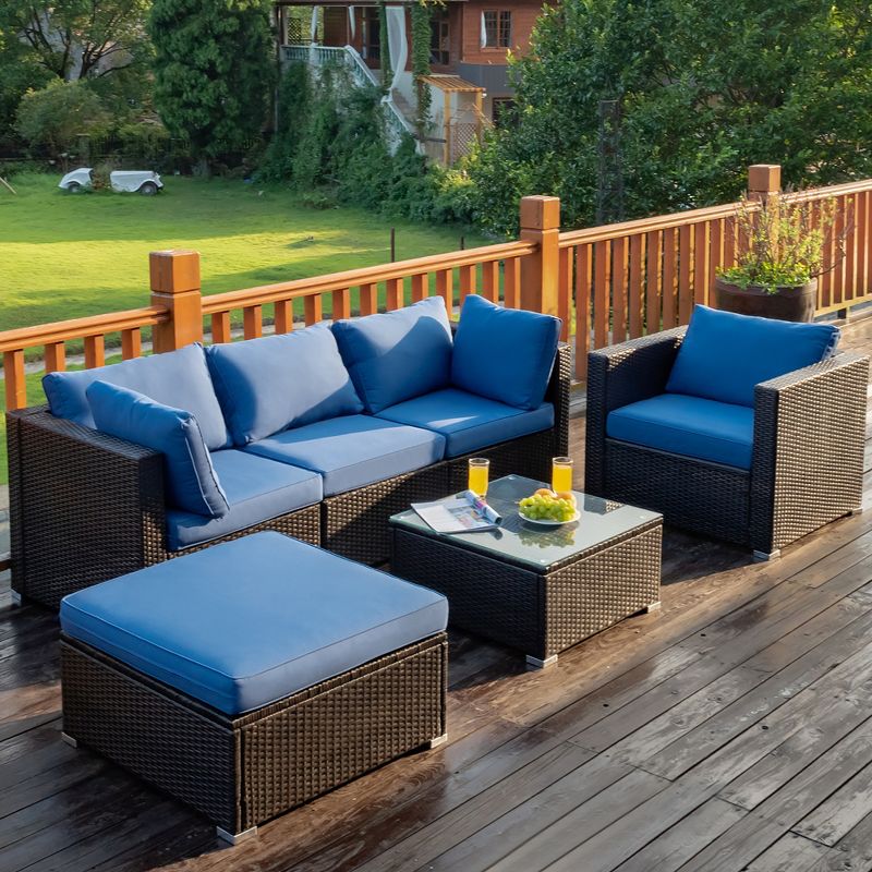 Costway 6PCS Patio Rattan Furniture Set Sectional Cushion Sofa Coffee Table Ottoman Navy, 5 of 11