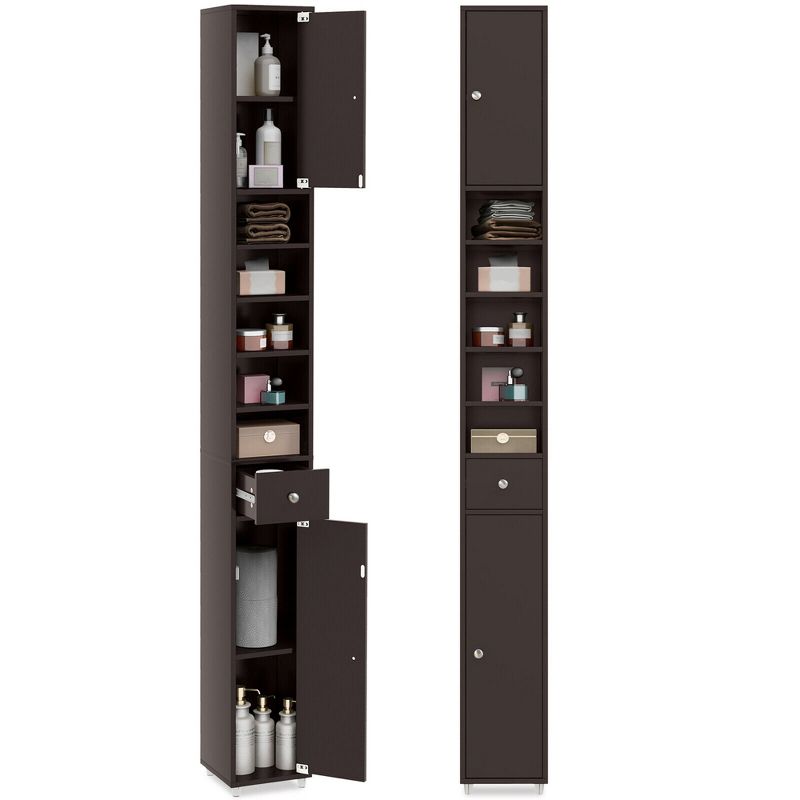 Tangkula Tall Slim Bathroom Storage Cabinet Linen Tower w/Drawer Adjustable Shelves, 1 of 11