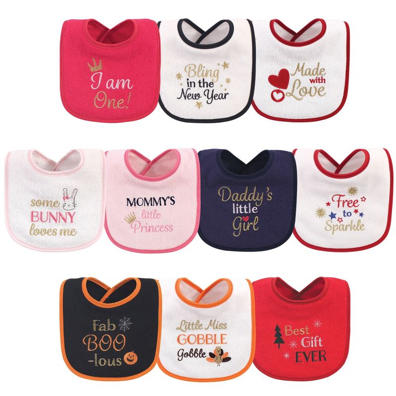 Hudson Baby Infant Girl Cotton Terry Drooler Bibs with Fiber Filling 10pk, Holiday Girl I Am One, One Size, 1 of 13