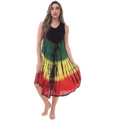 Riviera Sun Womens Tie Dye Summer Dress - Beach Cover Up with Embroidery - Rasta Color Dresses for Women  - Red Green Yellow Black