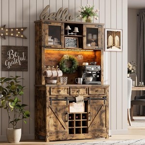 72'' Farmhouse Coffee Bar Cabinet with Power Outlet, Large Kitchen Hutch with 3 Drawers and Wine Glass Rack - 1 of 4