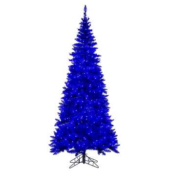 Vickerman 7.5' x 40" Slim Blue Artificial Pre-Lit Christmas Tree with Step On/Off Foot Switch and Tree Stand