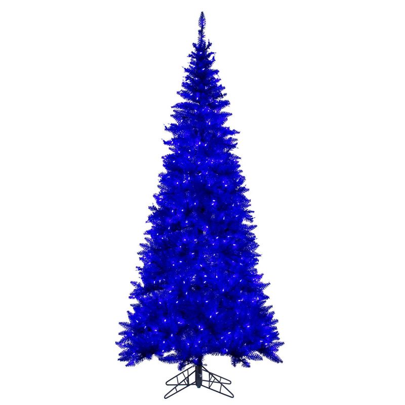 Vickerman 7.5' x 40" Slim Blue Artificial Pre-Lit Christmas Tree with Step On/Off Foot Switch and Tree Stand, 1 of 2