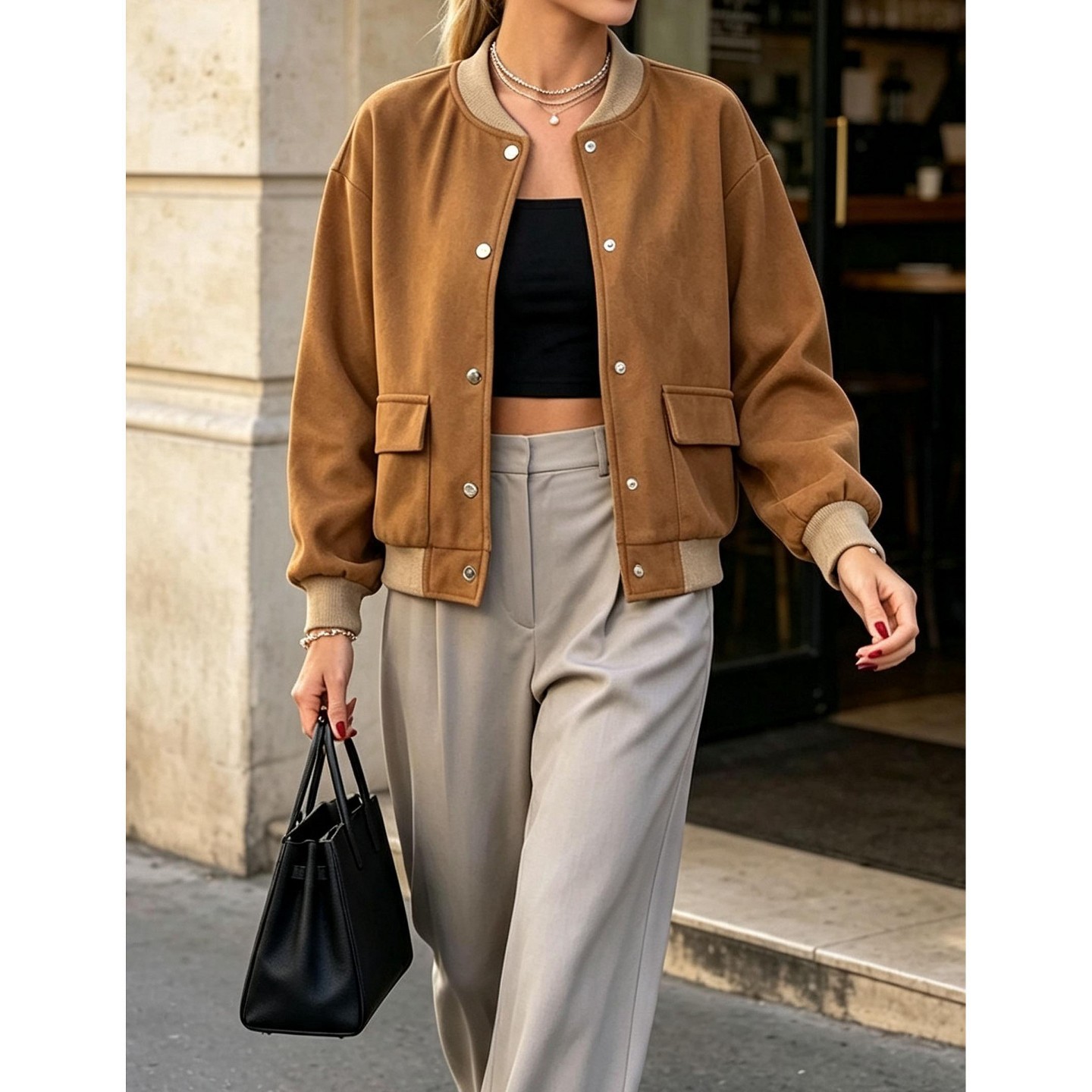 Женская куртка YesFashion Women Bomber Jacket Classic Ribbed Collar Button Loose Casual Outerwear with Pockets, Brown, цвет: Коричневый — фото 2