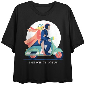 White Lotus Couple Scooter Ride Vector Art Crew Neck Short Sleeve Women's Black Crop Top - 1 of 3
