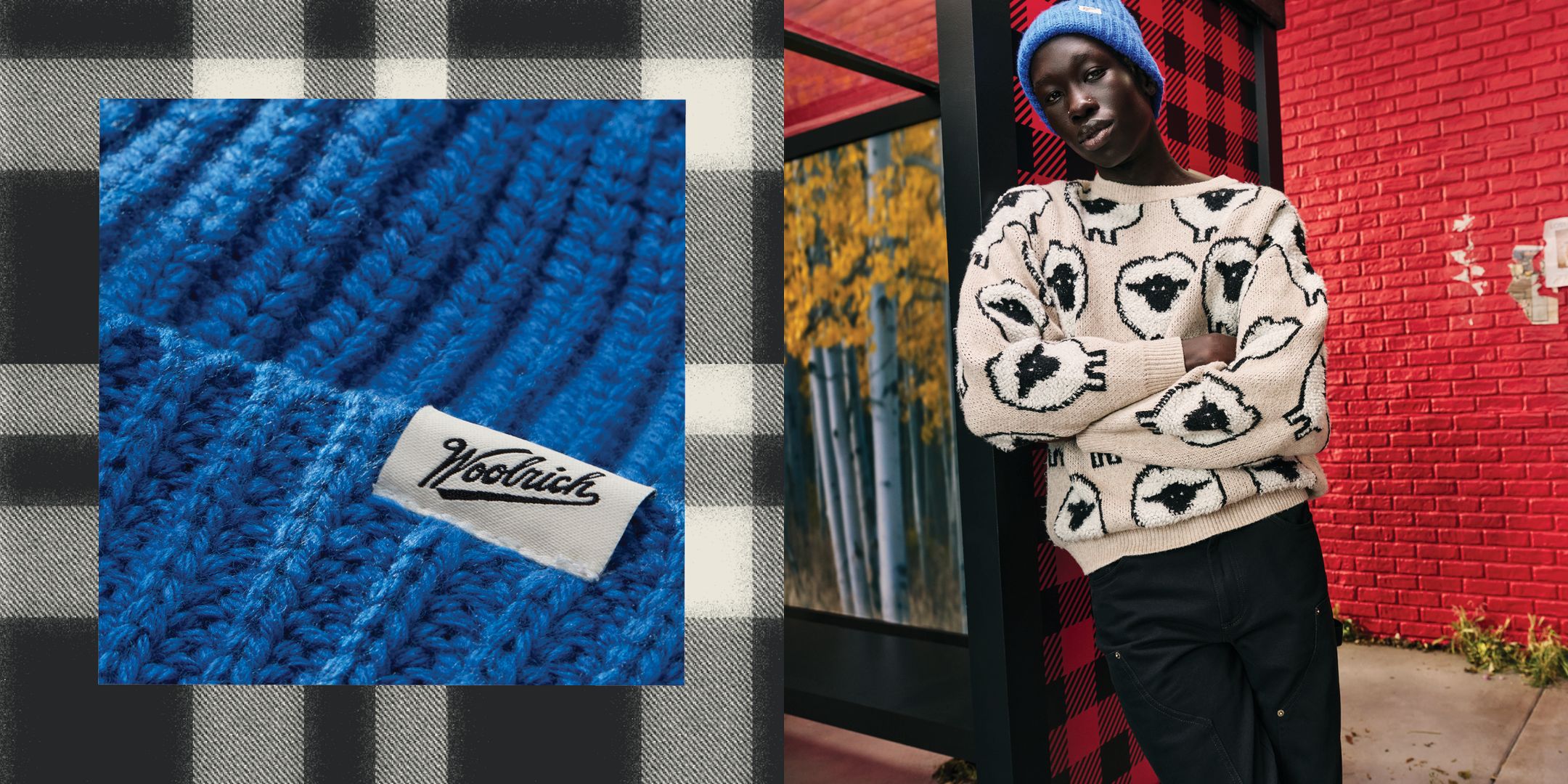 Man in an all-over graphic sheep sweater with black cargo pants & a blue beanie.