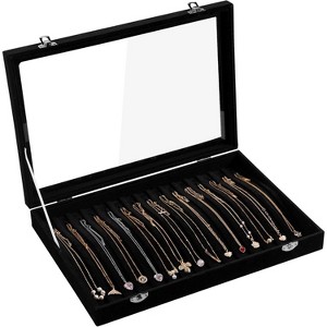 Lockable Necklace Organizer with 15 Hooks, Beige Velvet Tray and Clear Lid for Pendants and Chains, Jewelry Storage Box - 1 of 4