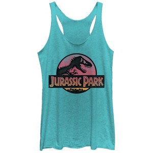 Women's Jurassic Park Logo Watercolor Print Racerback Tank Top - 1 of 3