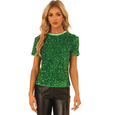 Allegra K Women's Sequin Shiny Glitter Crop Short Sleeves Tassel T