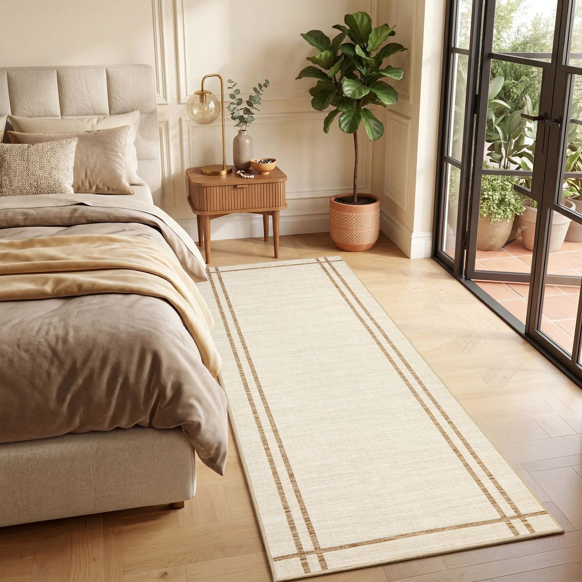 Bordered Washable Area Rug with Non-Slip TPR Backing, Soft Neutral Carpet - thumbnail 2