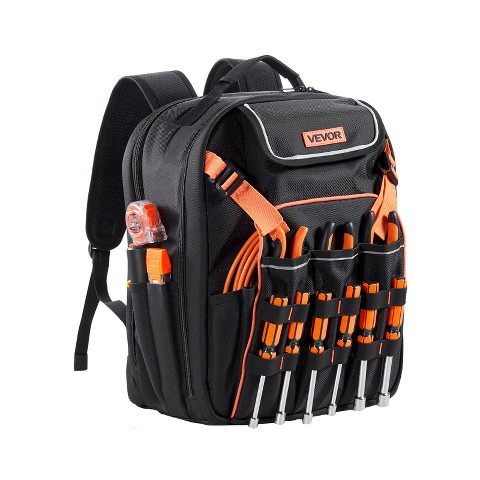 VEVOR Tool Backpack, 45 Pockets, Heavy-duty Tools Storage Organizer Work Bags with Laptop Compartment & Reinforced Fabric Basee, Black+Orange