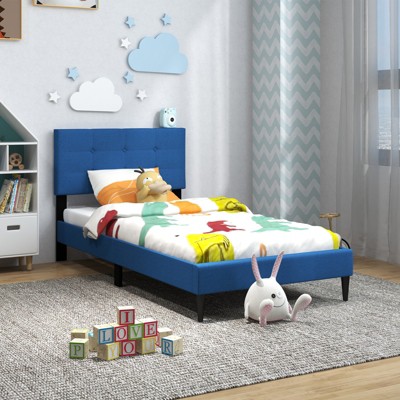 Infans Twin Upholstered Platform Bed Mattress Foundation Button Tufted Headboard Blue