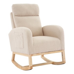GustoWave Modern Solid Wood Rocking Chair for Nursery, Comfy Upholstered Fabric Rocking Armchair with Side Pockets - 1 of 4