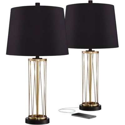 360 Lighting Mid Century Modern Table Lamps 25.5" High Set of 2 with USB Port Gold Metal Black Drum Shade Living Room Bedroom House Bedside