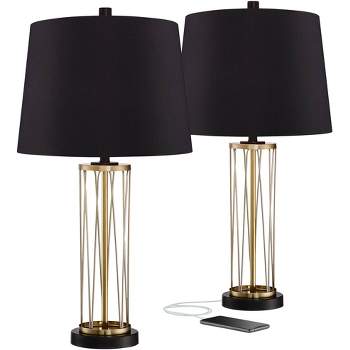 360 Lighting Nathan Modern Table Lamps 25 1/2" High Set of 2 Gold Metal with USB Charging Ports Black Drum Shade for Bedroom Living Room Home Desk