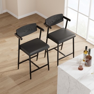 Counter-Height Bar Stool Set with Armrest, Footrest, Soft Back, and Cushioned Seat – Metal Barstools Set for Kitchen Islands and Counters