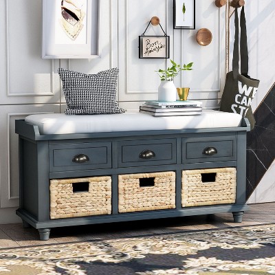 CAVINAS Storage Bench Shoe Rack Storage Bench with 3 Drawers and 3 Rattan Baskets